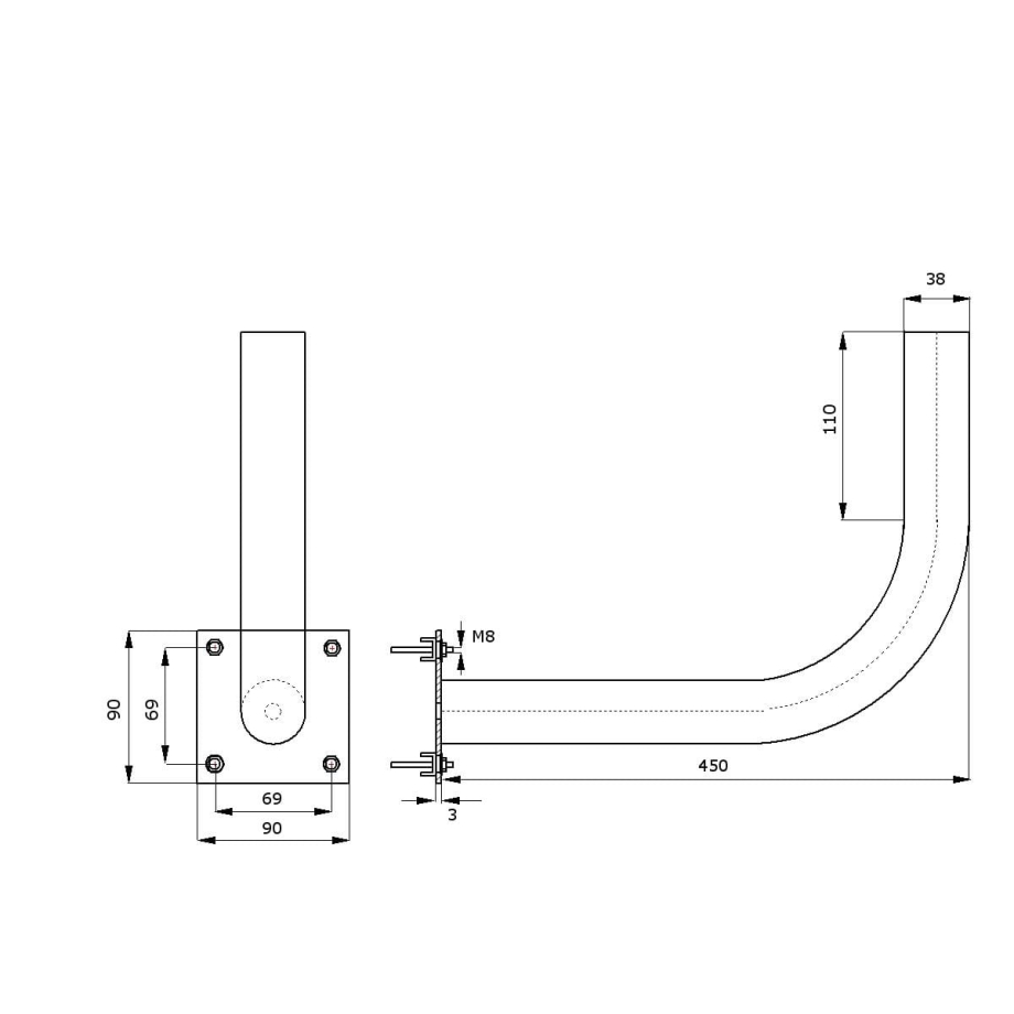 Metal Pipe Mount Bracket Ø38mm L450