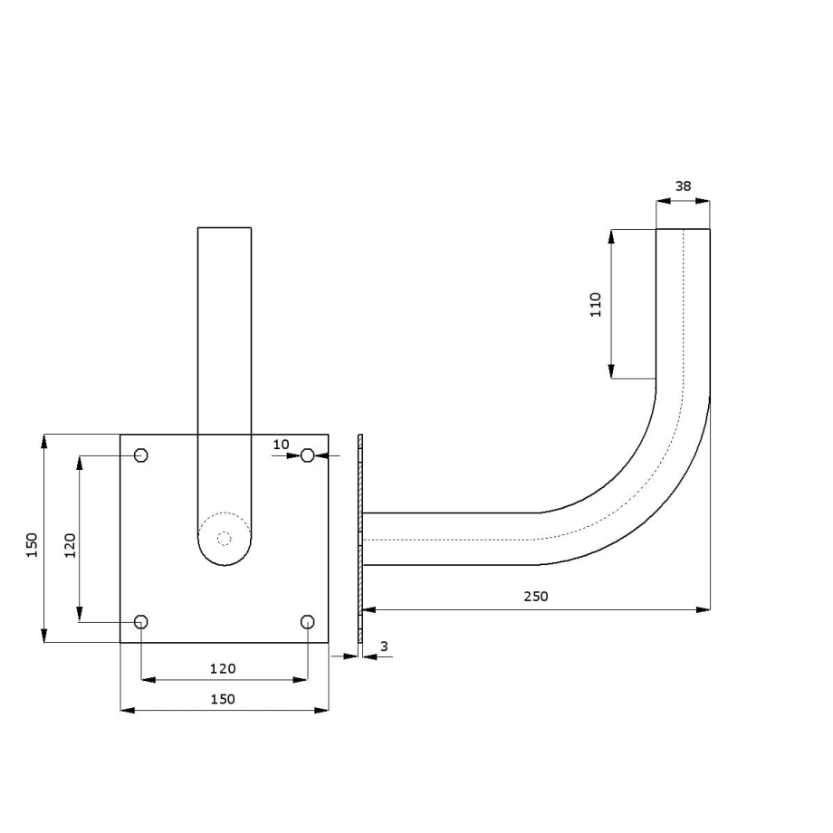 Metal Wall Mount Bracket Ø38mm L250